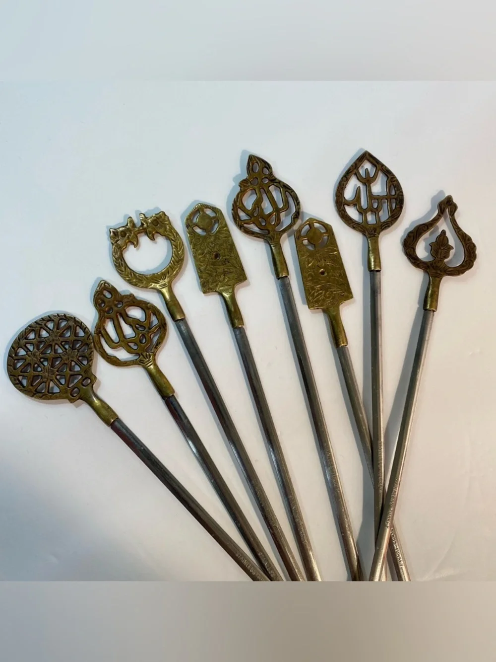 8 Vintage Sener Turkey Brass Stainless Steel Meat Skewers BBQ Grill Shish Kabobs
